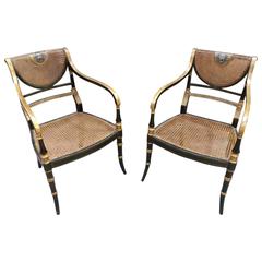 Antique Pair Regency Ebonised Carver Chairs