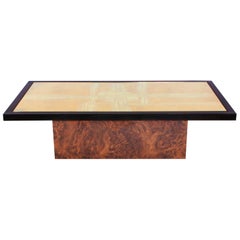hollywood regency Brass Etched signed and numbered Coffee Table on burl base