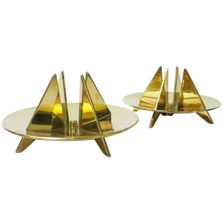 Pair of Sculptural Brass Candleholders by Pierre Forssell for Skultuna