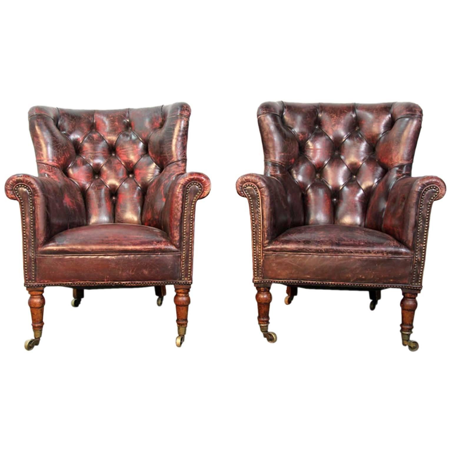 19th Century Pair of Tufted Leather Club Library Chairs