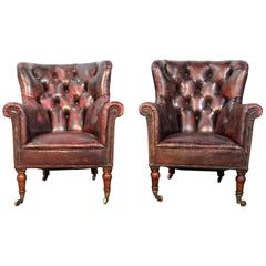 Antique 19th Century Pair of Tufted Leather Club Library Chairs