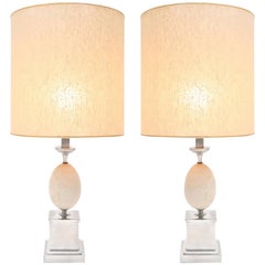 Travertine & chrome pair of lamps, Table lamp, Hollywood Regency, France, 1970's