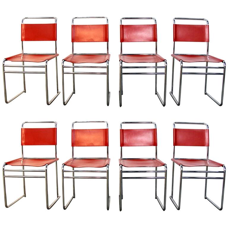 Set Of Eight Bauhaus Style Red Leather And Chrome Dining Chairs At Set Of Eight Bauhaus Style Red Leather And Chrome Dining Chairs For