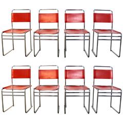 Set of Eight Bauhaus Style Red Leather and Chrome Dining Chairs