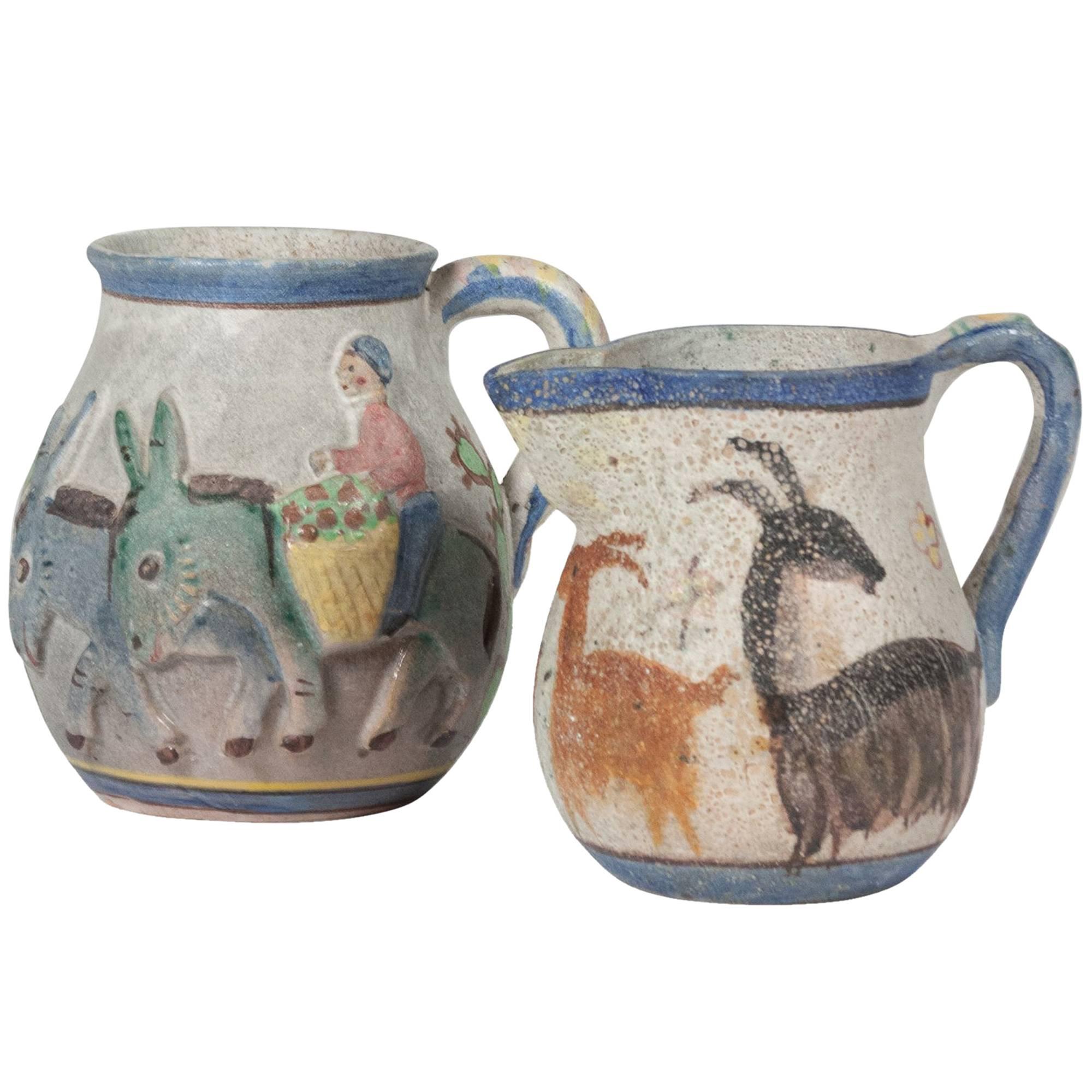 Two Hand-Painted Ceramic Pitchers by Guido Gambone For Sale