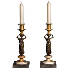Fine Pair of Patinated and Gilt Bronze Figural Candlesticks, Early 19th Century 1
