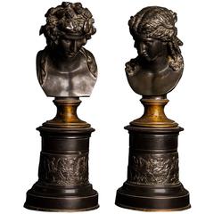 Large Pair Bronze Grand Tour Library Busts of Bacchus and Ariadne, 19th Century