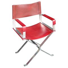 1970s Steel and Red Leather Armchair or Desk Chair