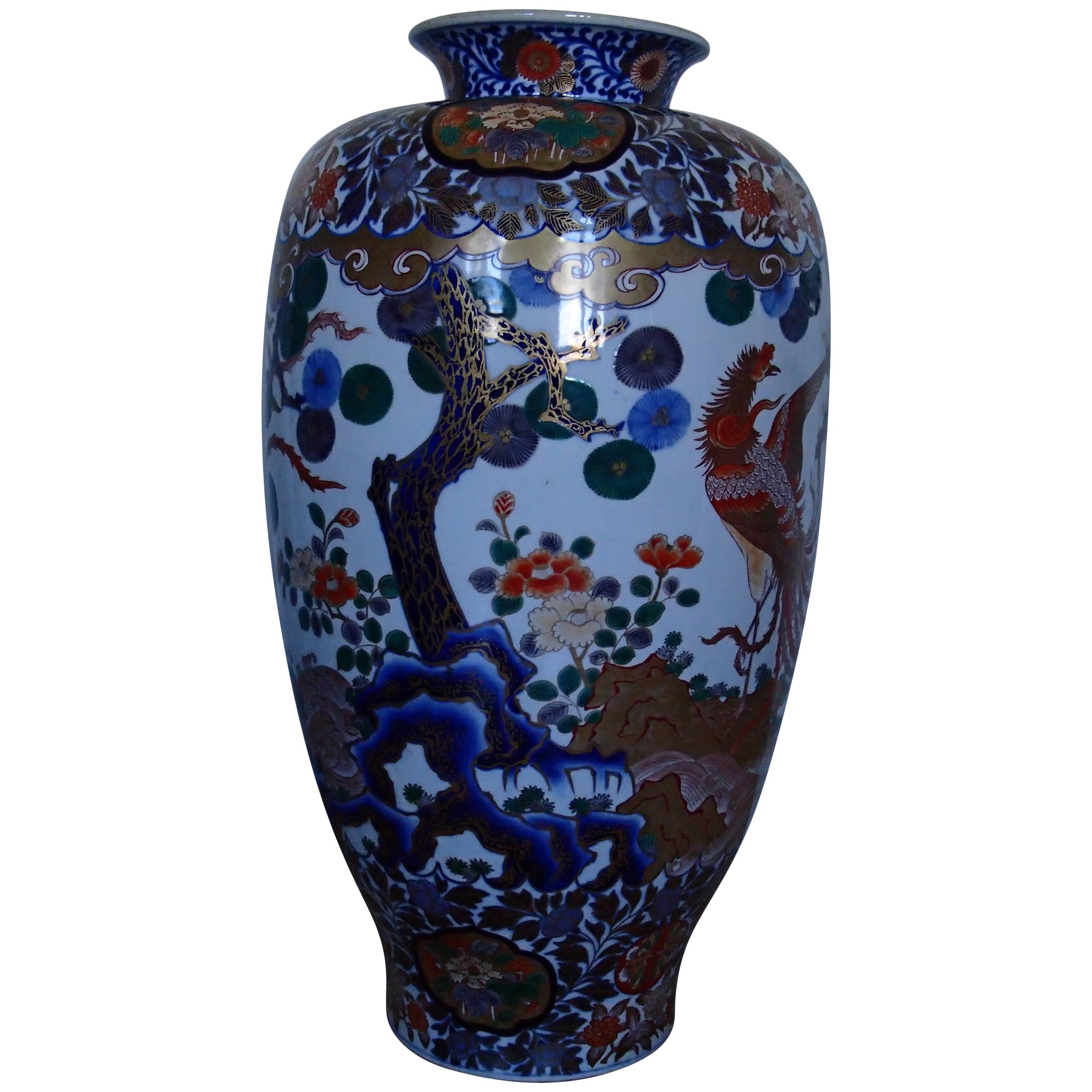 Huge Imari Vase with Email Painted with Birds and Kiku Flowers For Sale