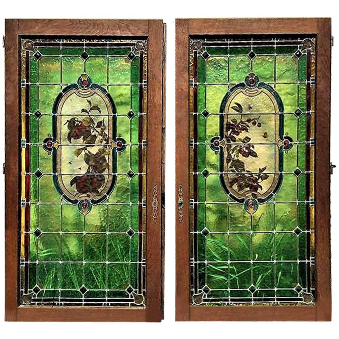 Pair of French Provincial Stained Glass Windows,  France 1910