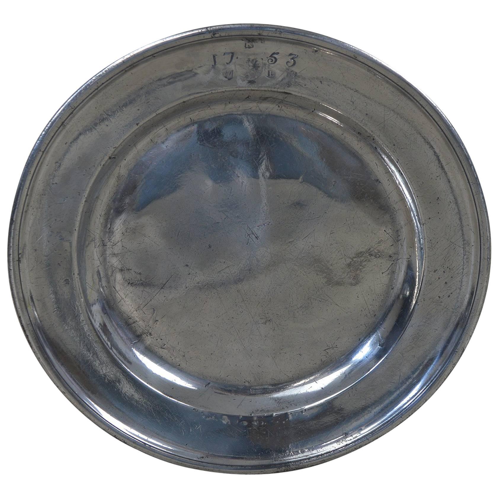 Large Antique Polished Pewter Charger or Tray, English, Dated 1753