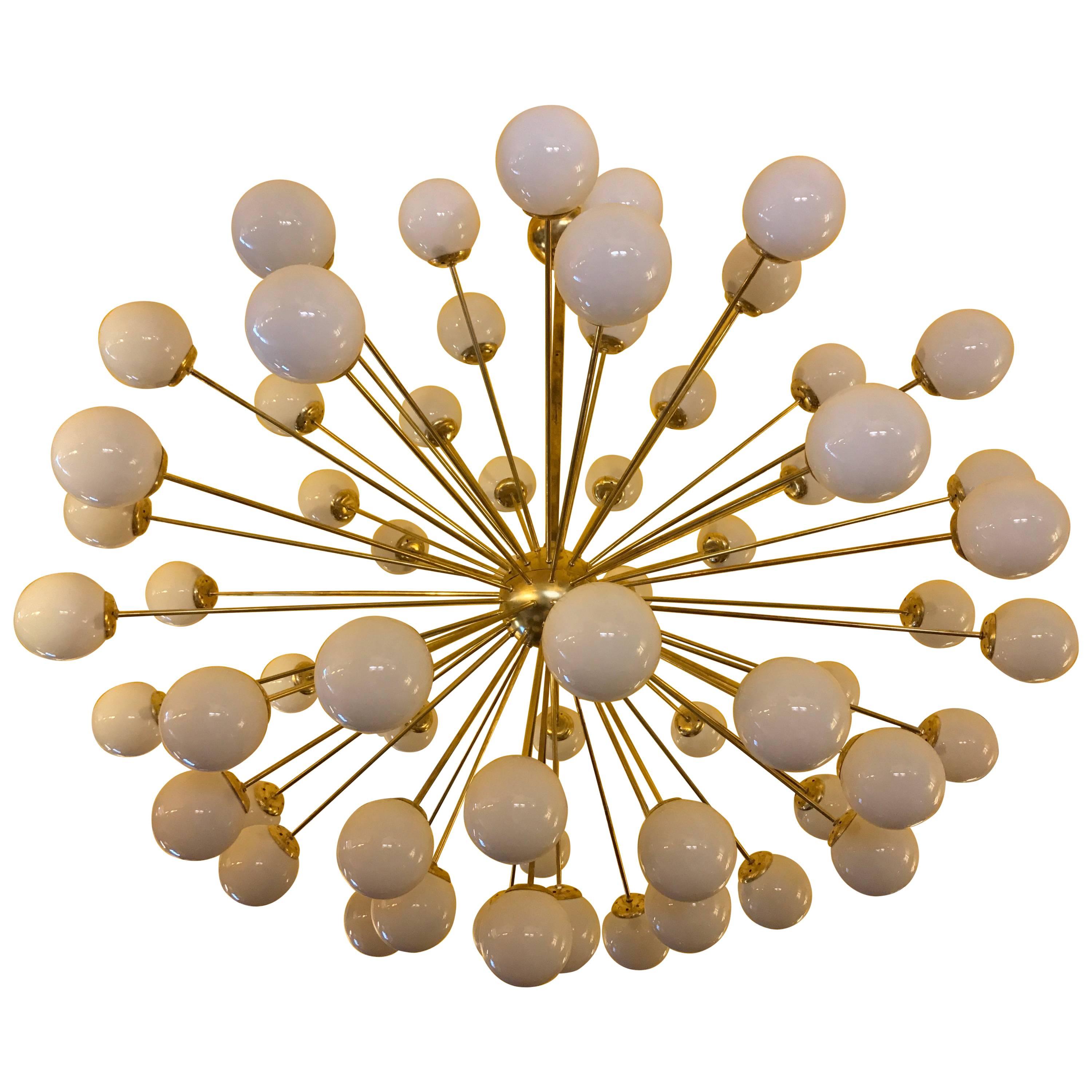 Exceptional 1970s Italian Sputnik Chandelier in Brass and White Opaline