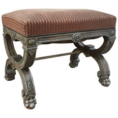 19th Century French, Louis XIV Painted Stool/Bench with Lion's Paw Feet
