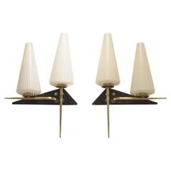 2x Mid-Century, French Maison Arlus Triangle Shaped Wall Sconces