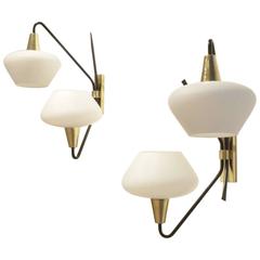 Two French Mid-Century Maison Arlus Opalescent Glass & Brass Wall Sconces Lamps