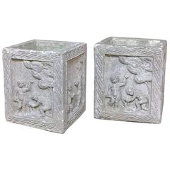 Pair of Antique Four Season Cast Stone Italian Planter Boxes