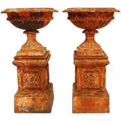 Antique Pair of French Cast Iron Garden Urns on Plinths