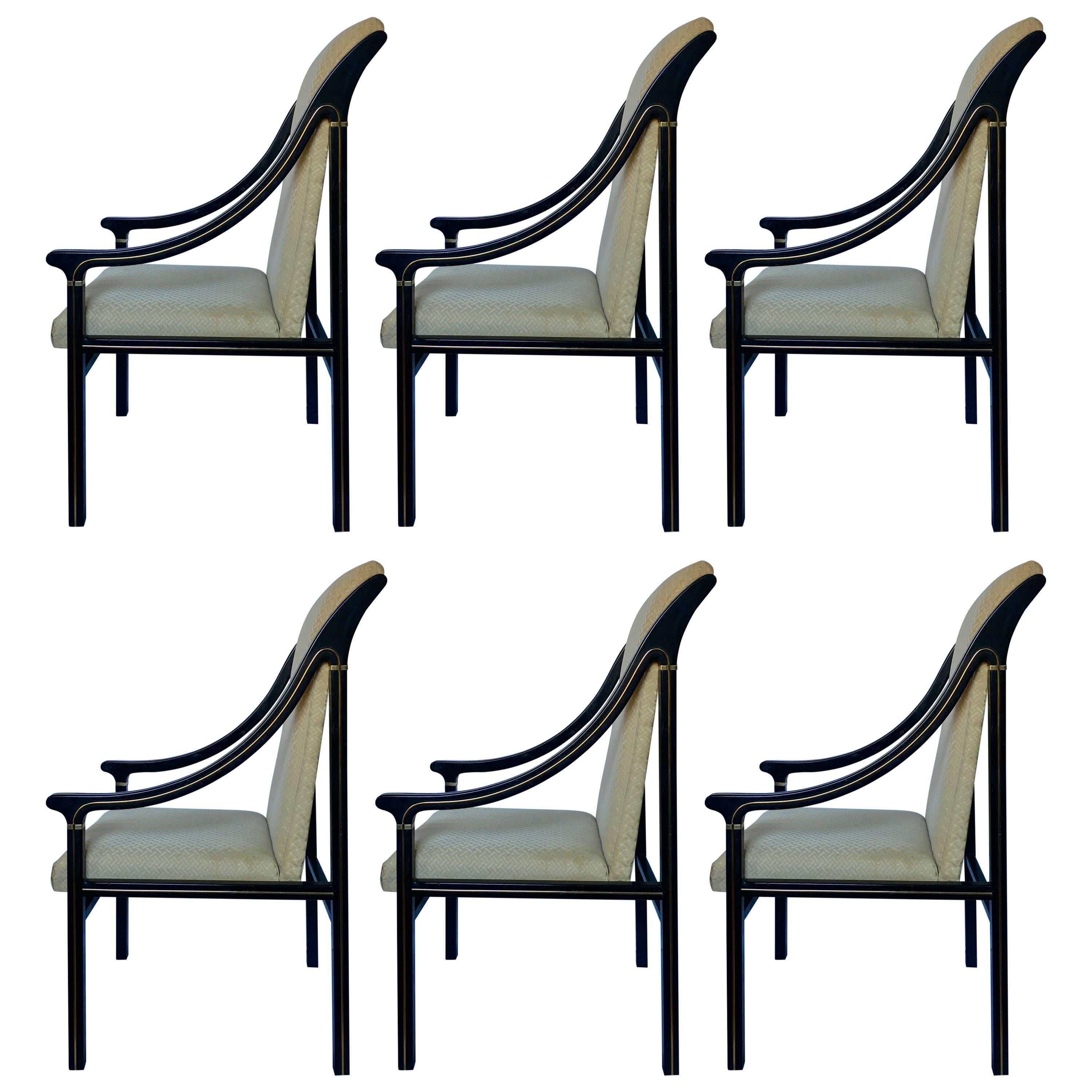 1970's Mastercraft Lacquer Dining Chairs, Black and Brass, Set of Six