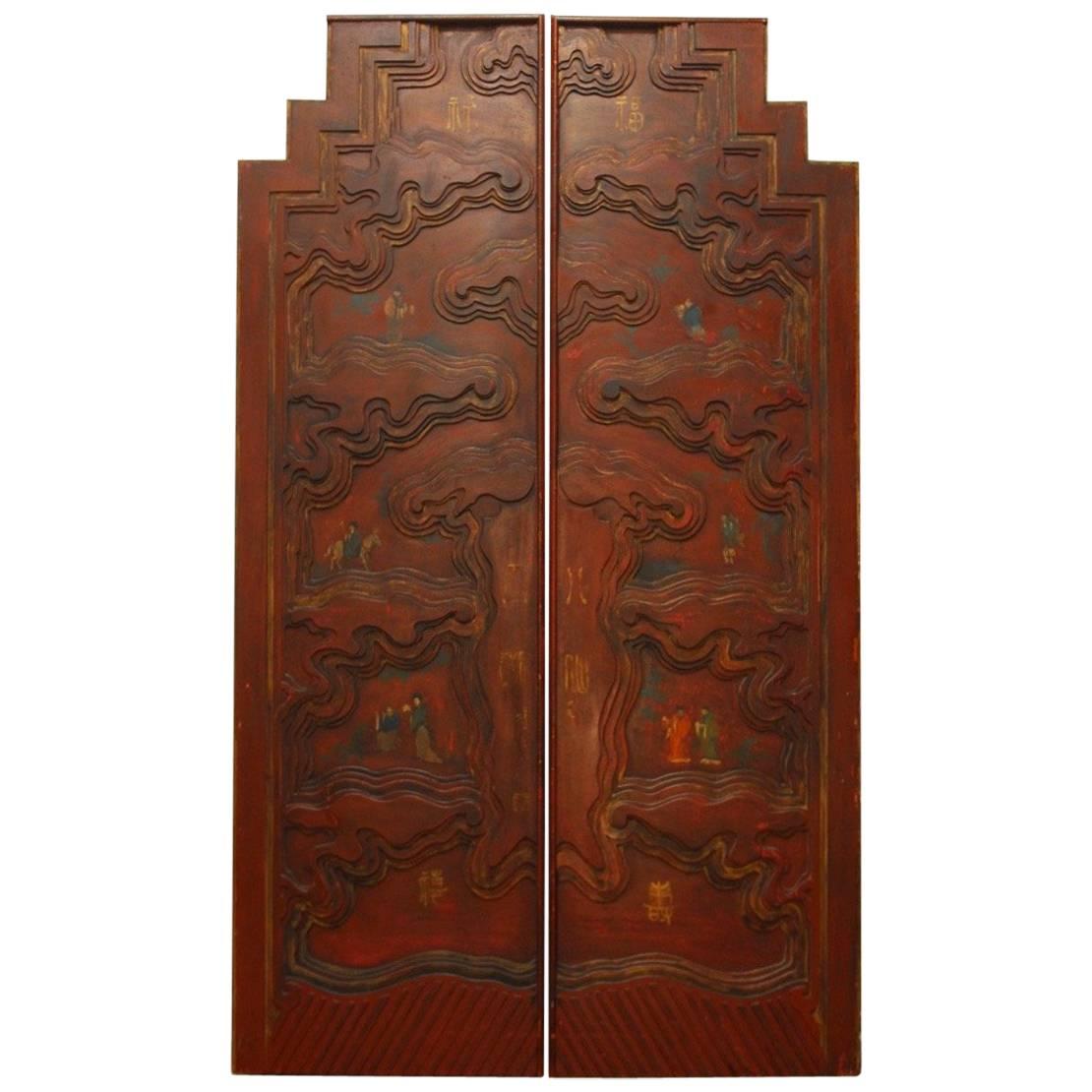 Pair of Chinese Carved Temple Courtyard Door Panels