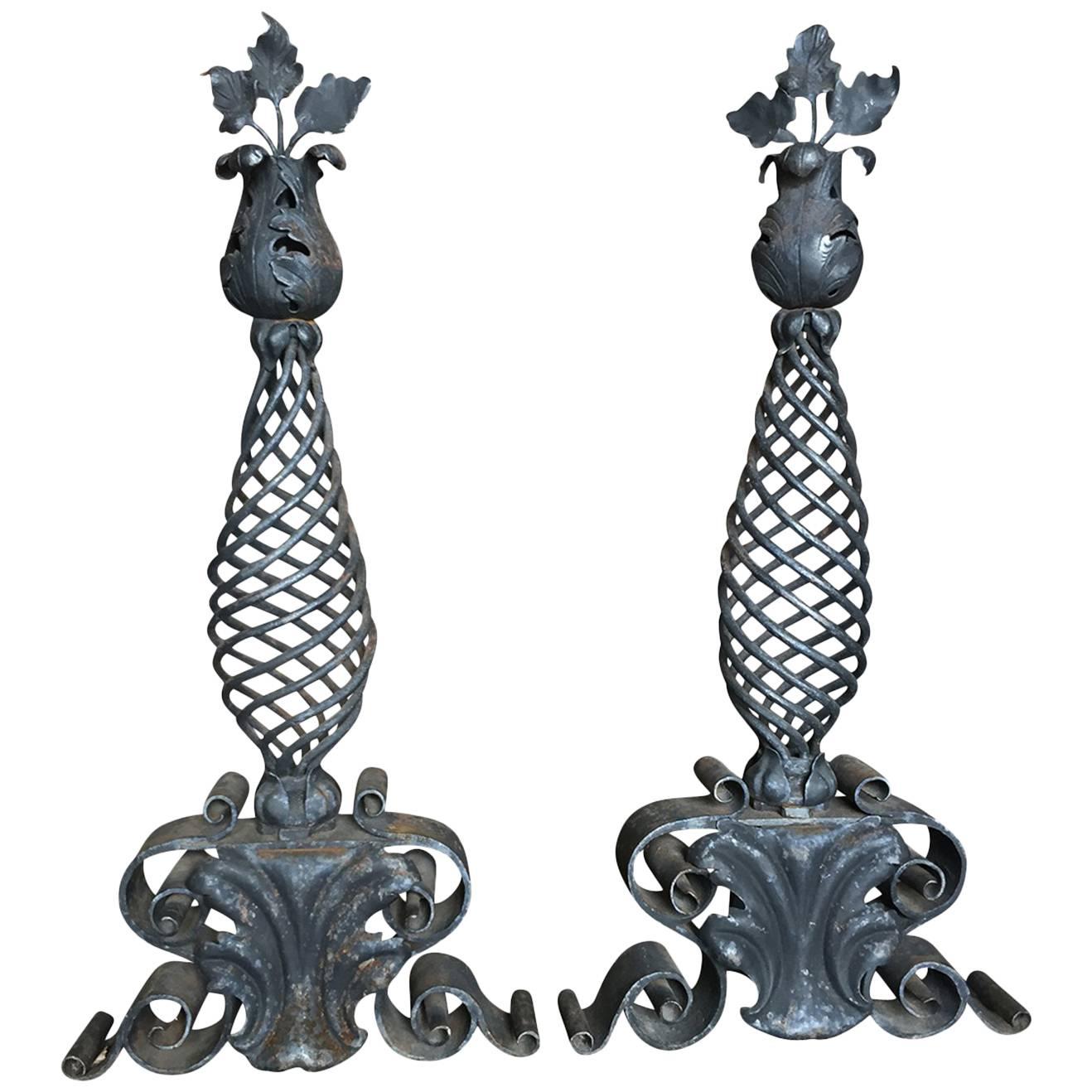 Late 19th Century to Early 20th Century Pair of Iron Andirons