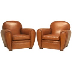 Pair of French Art Deco Leather Club Chairs Completely Restored
