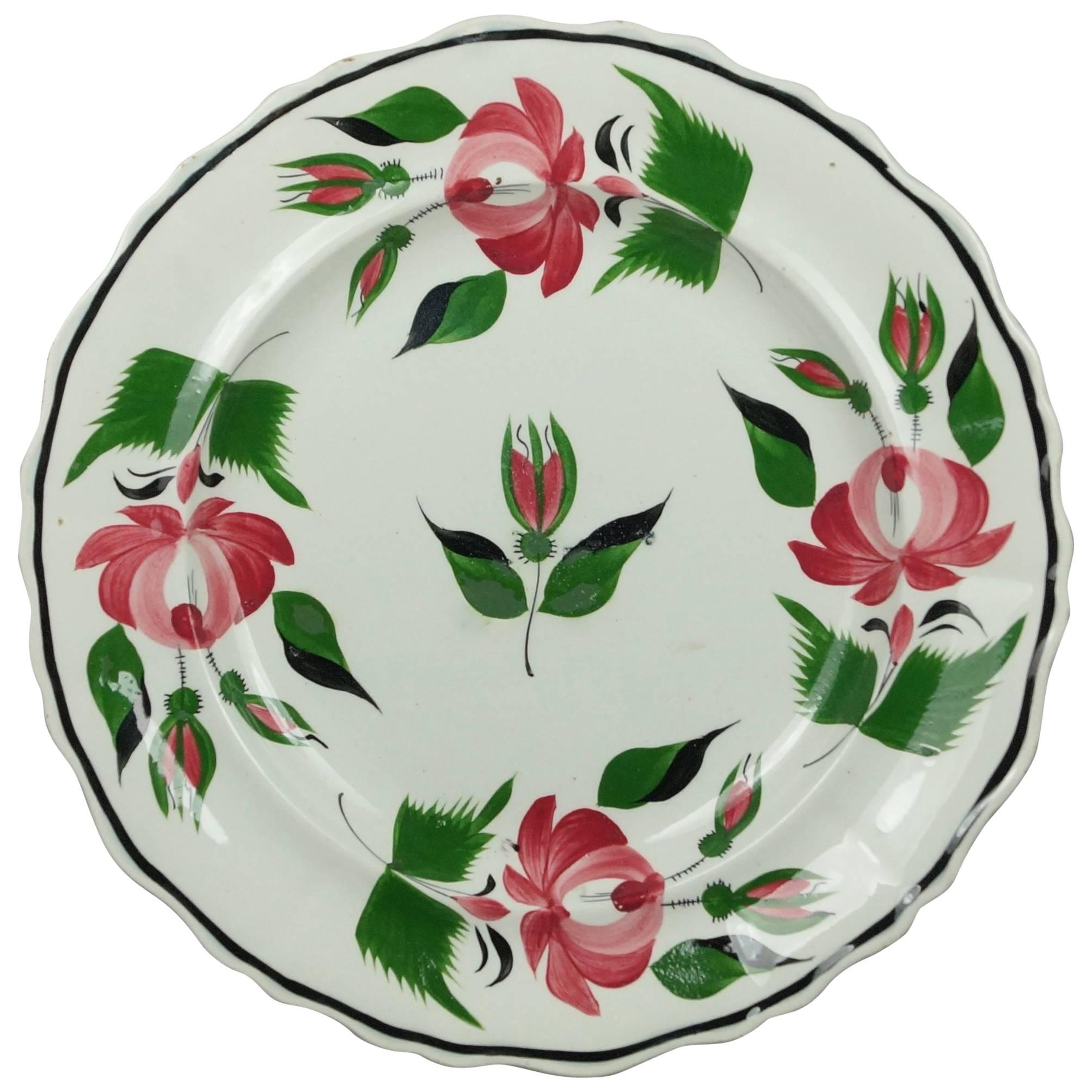 19th Century Creamware Plate Early Adams Rose Pattern English Folk Art