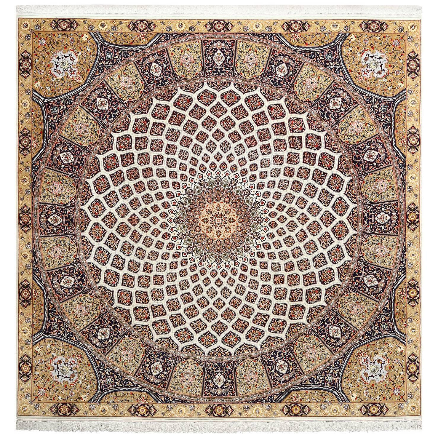 Fine Square Gonbad Design Vintage Silk Tabriz Persian Rug For Sale at