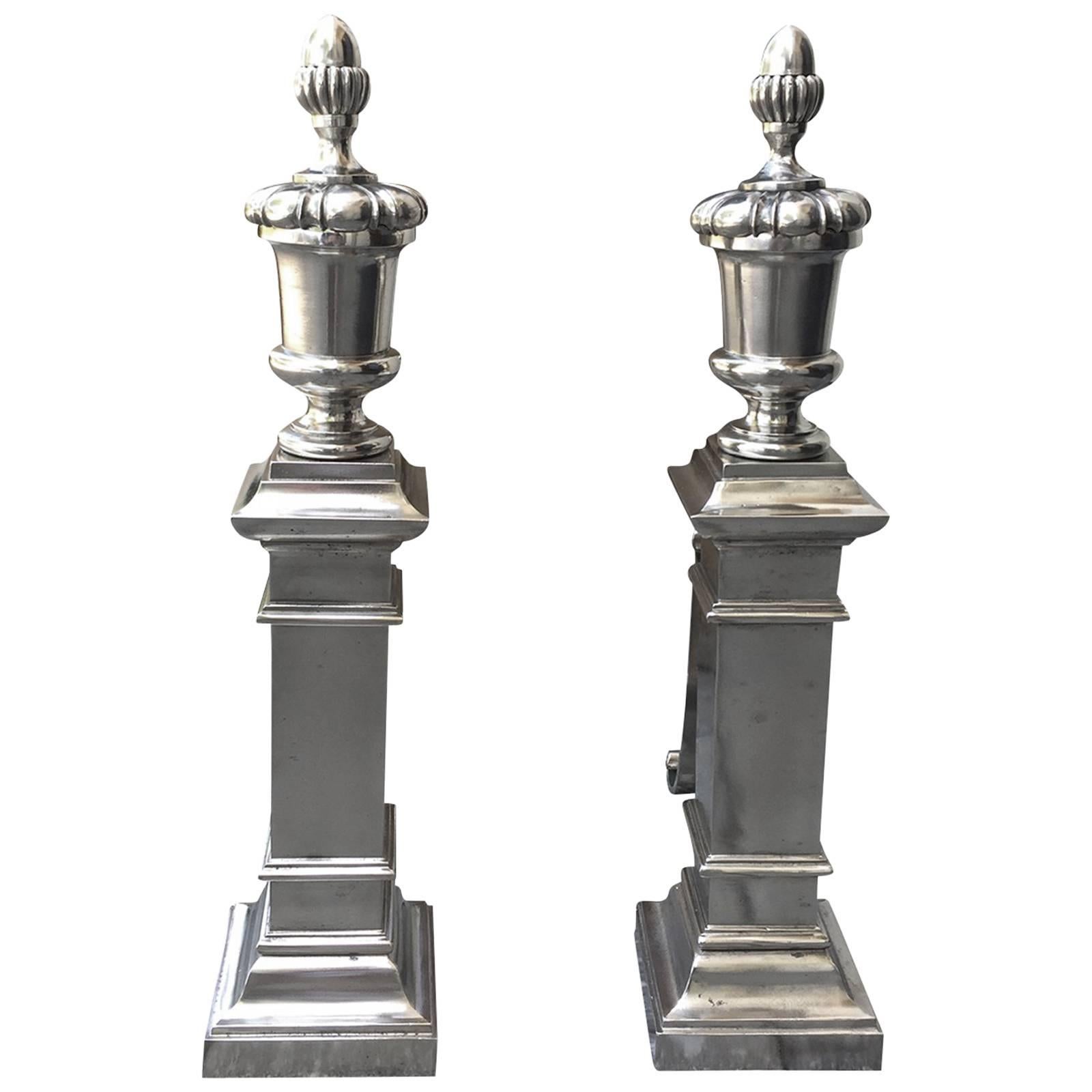 American Polished Nickel Neoclassical Andirons, circa 1900