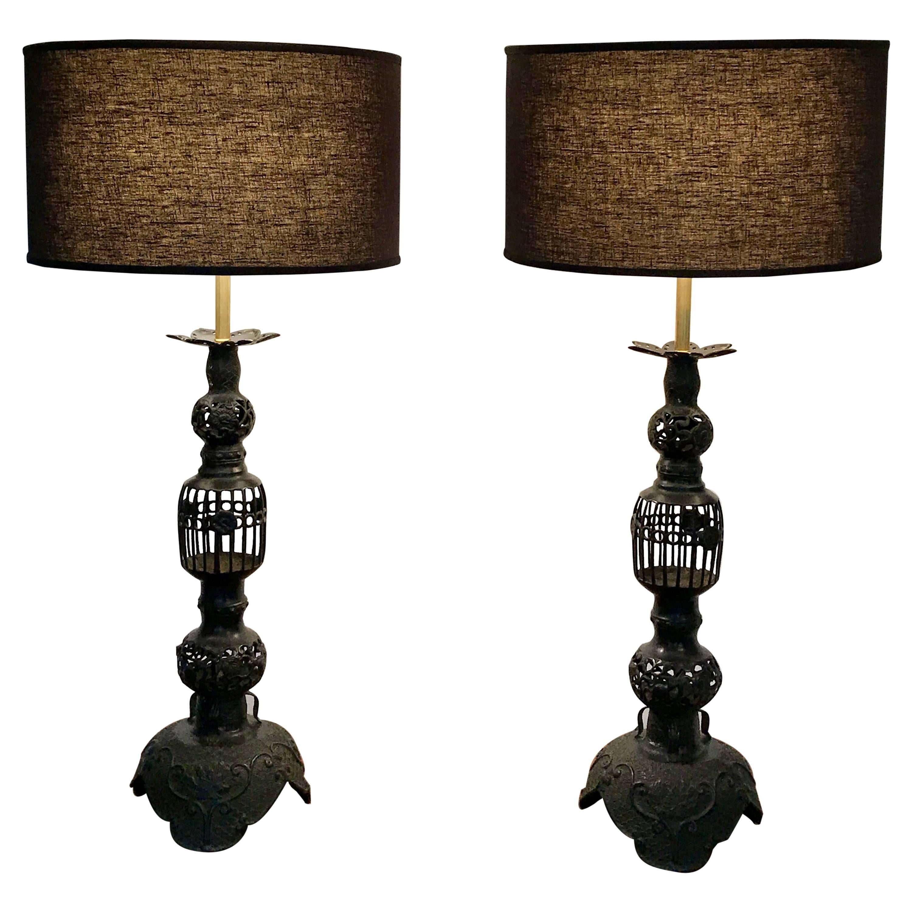 Pair of Mid Century Large Black Iron Table Lamps, Japan