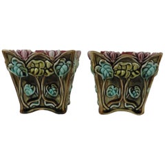 Pair of Majolica Cyclamens Cache Pots Onnaing, circa 1900