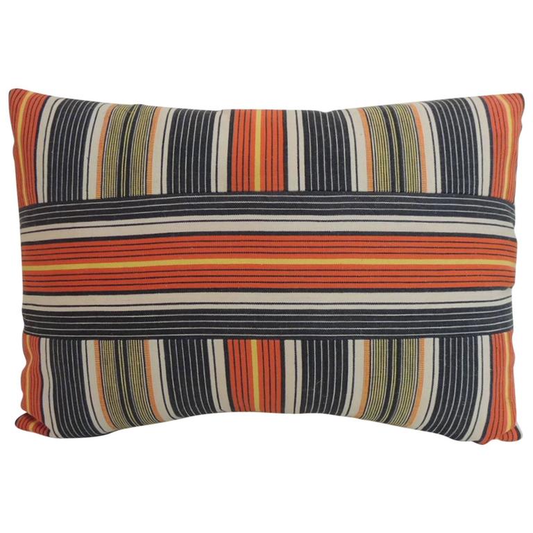 Vintage French Provincial Linen Multicolor Stripes Decorative Lumbar Pillow For Sale at 1stdibs