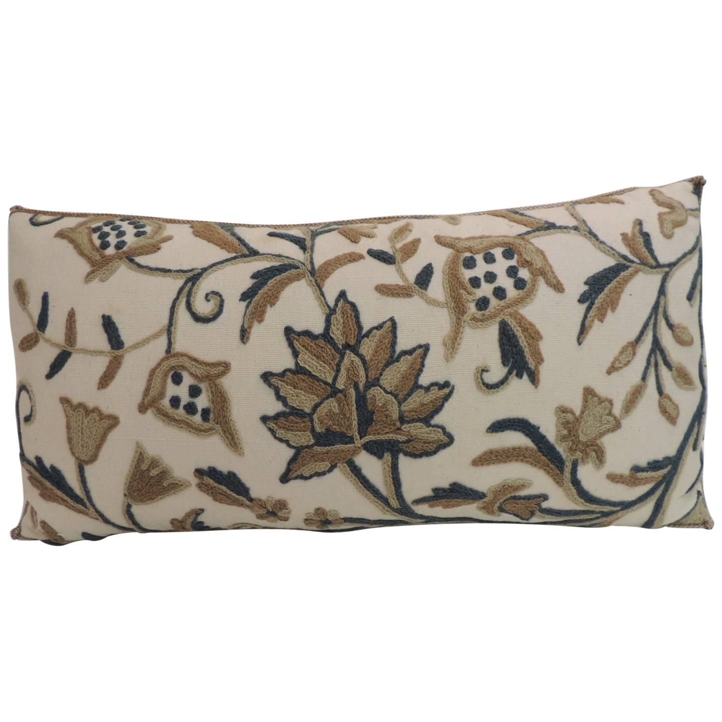 Vintage Tan and Green Crewel Work Floral Decorative Bolster Pillow
