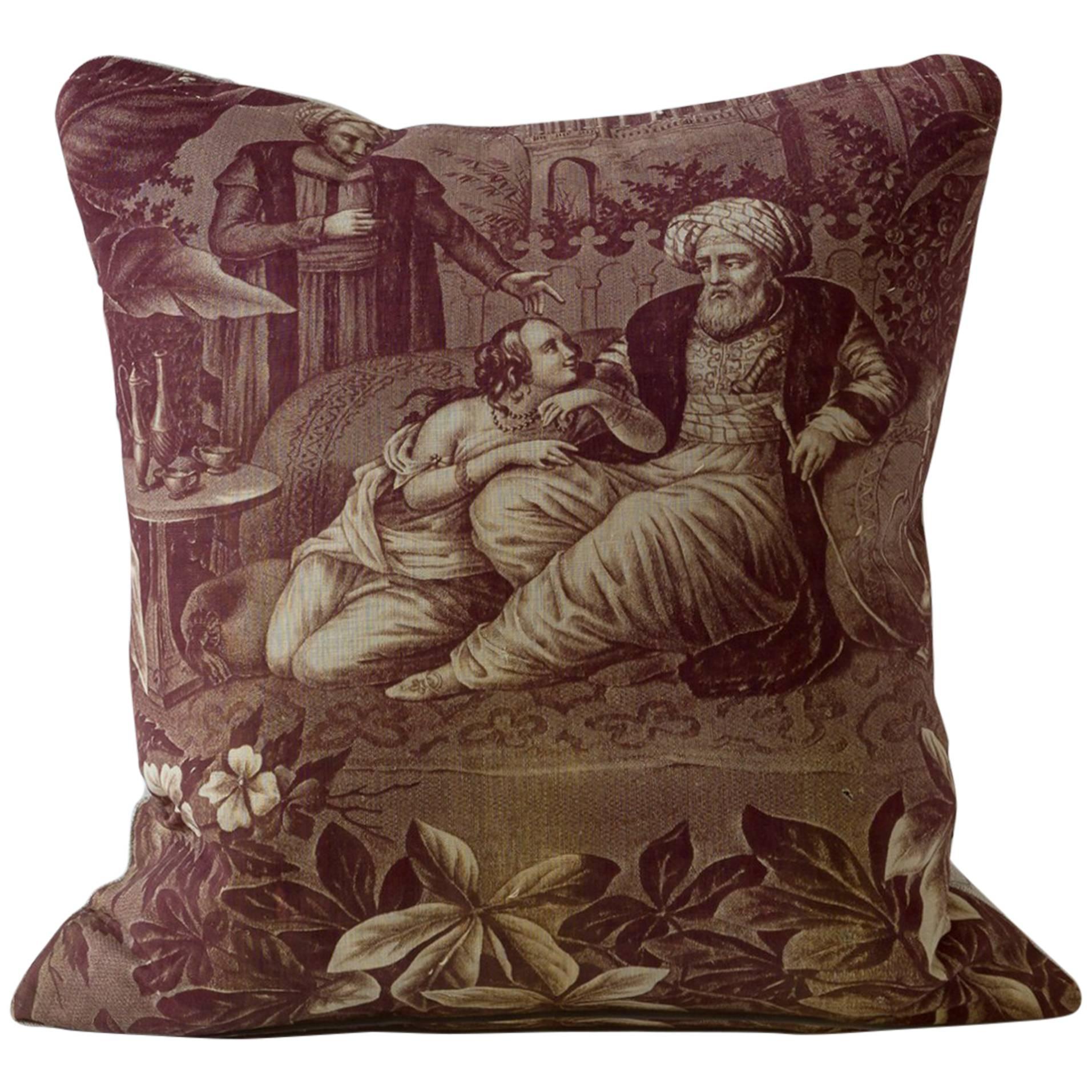 19th Century Orientalist Narrative Cushion, Toile de Nantes, Small For Sale
