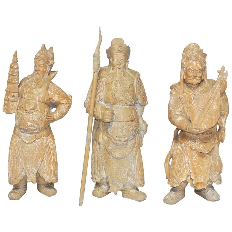 Set of Three Chinese Carved Statues of Immortals