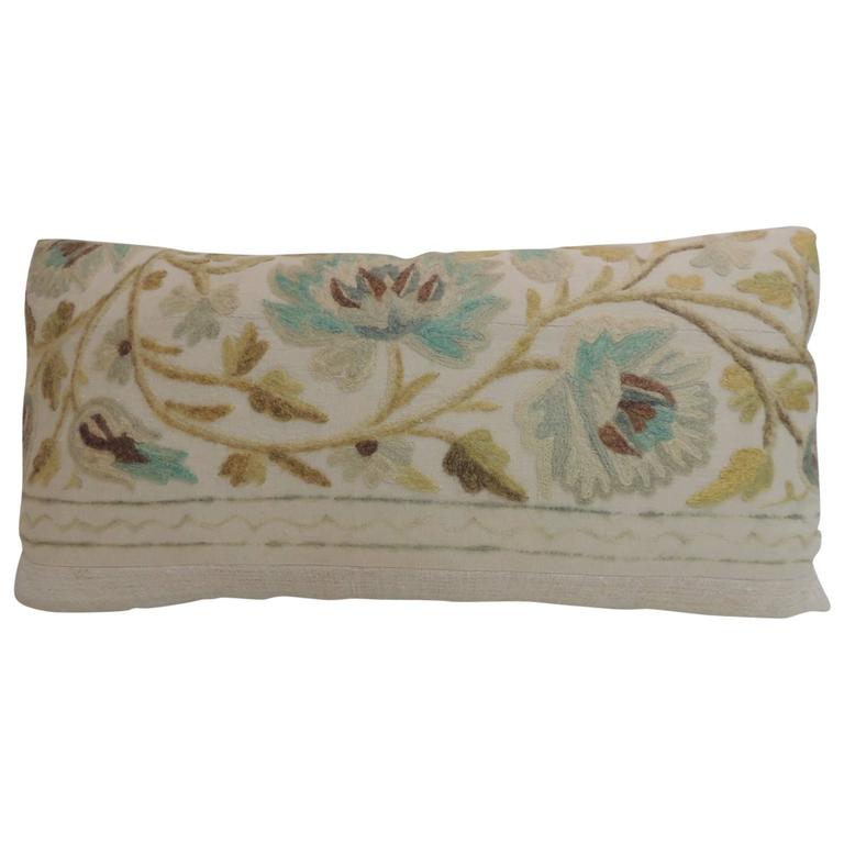 Antique Green Crewel Work Floral Decorative Bolster Pillow For Sale at