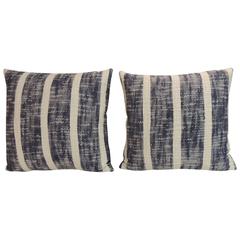 Pair of Vintage Indian Blue and White Woven Stripes Decorative Pillows