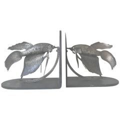 Rare Pair of 1920s Arts and Crafts Wrought Iron Siamese Fighting Fish Bookends