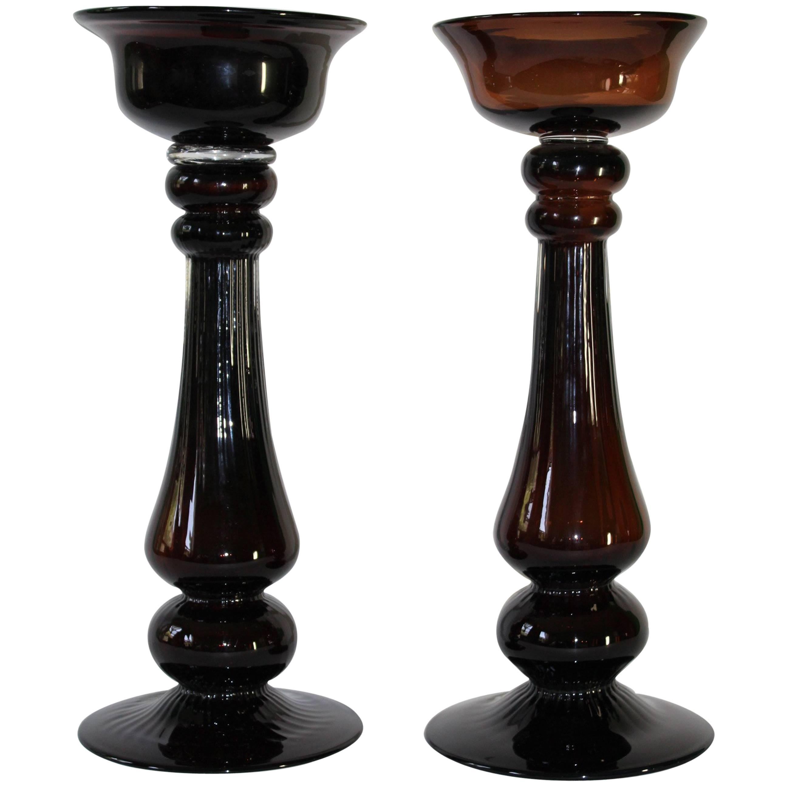 Pair of Mid-Century Modern Hand Blown Glass Baluster Candlesticks