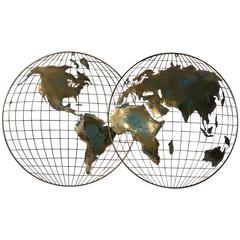 Pair of Curtis Jere Mixed-Metal Wall Mount World Maps