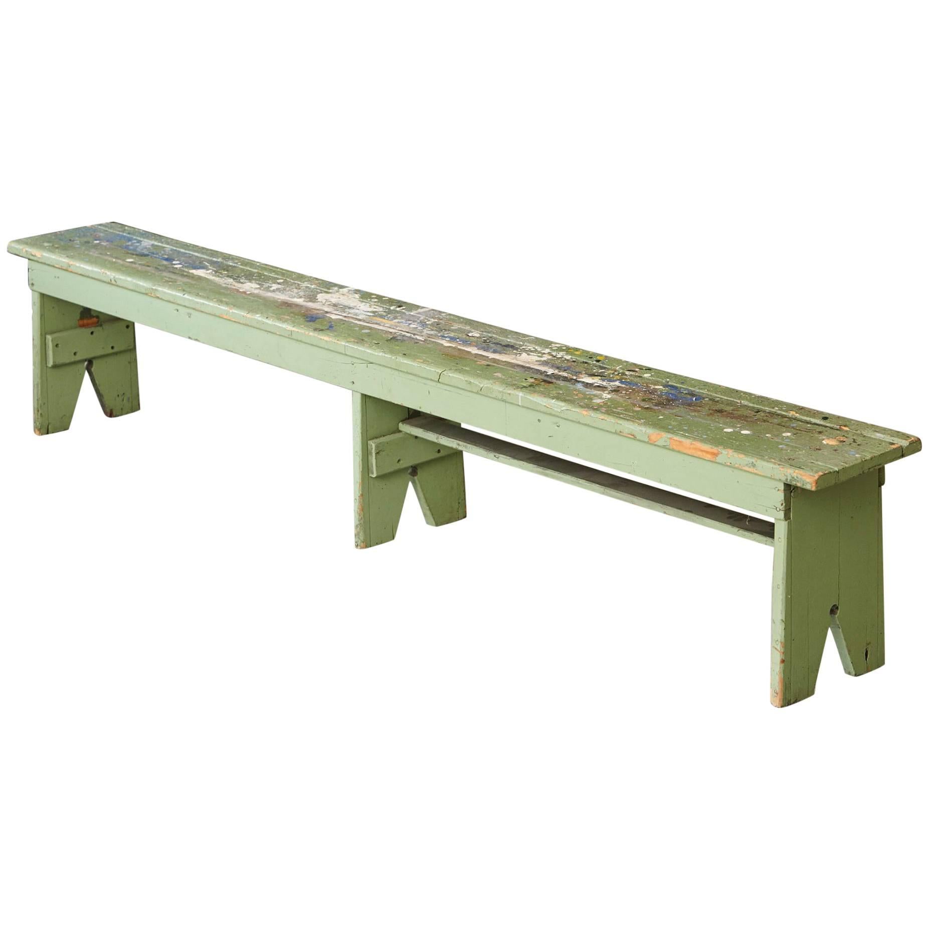 Primitive Green Pine Bench with Lots of Color Splashes from an Artist's Atelier