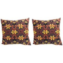 Pair of Large Orange and Brown Embroidered Floor Decorative Pillows Pair of Large Orange and Brown Embroidered Floor Decorative Pillows