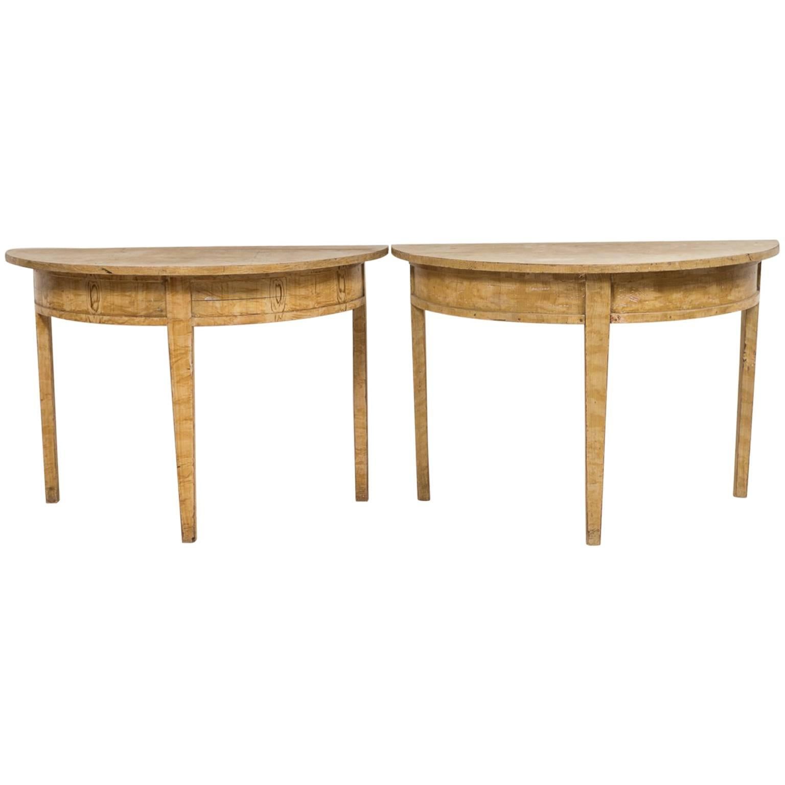 18th Century Yellow Birch Faux Paint Demi Lune Tables 