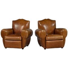 Pair of Distressed Brown Leather Art Deco Club Chairs