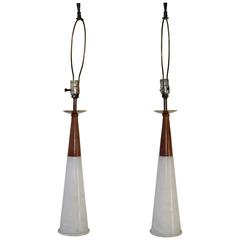 Italian 1950s Conical Marble Lamps with Brass and Walnut Accents