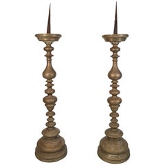 Antique Pair of Giant Baroque Period Bronze Pricket Candlesticks, 17th Century