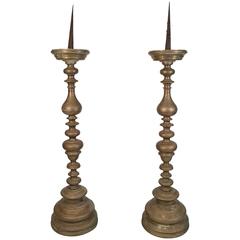 Pair of Baroque Period Bronze Pricket Candlesticks, 78 Inches Tall