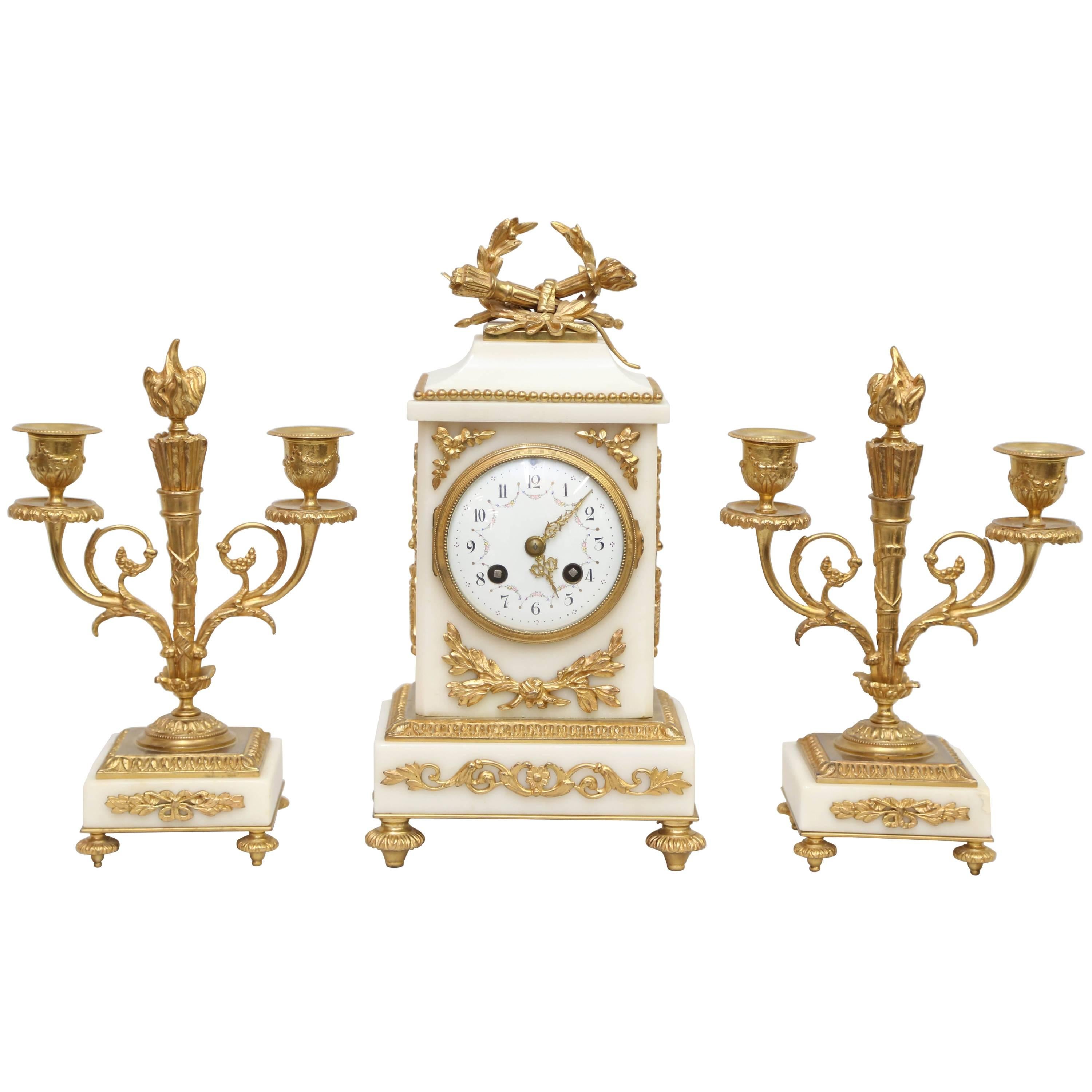 Three-Piece Louis XVI Style Ormolu and Marble Clock Garniture by Samuel Marti