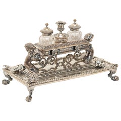 Antique Exceptional Victorian Sterling Silver and Crystal Inkstand