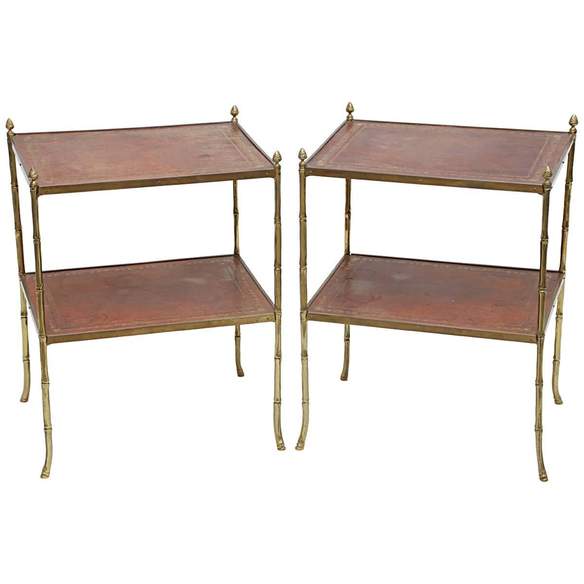 Pair of Brass Faux Bamboo and Carnelian Red Leather Two-Tier Side Tables