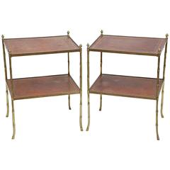 Pair of Brass Faux Bamboo and Carnelian Red Leather Two-Tier Side Tables